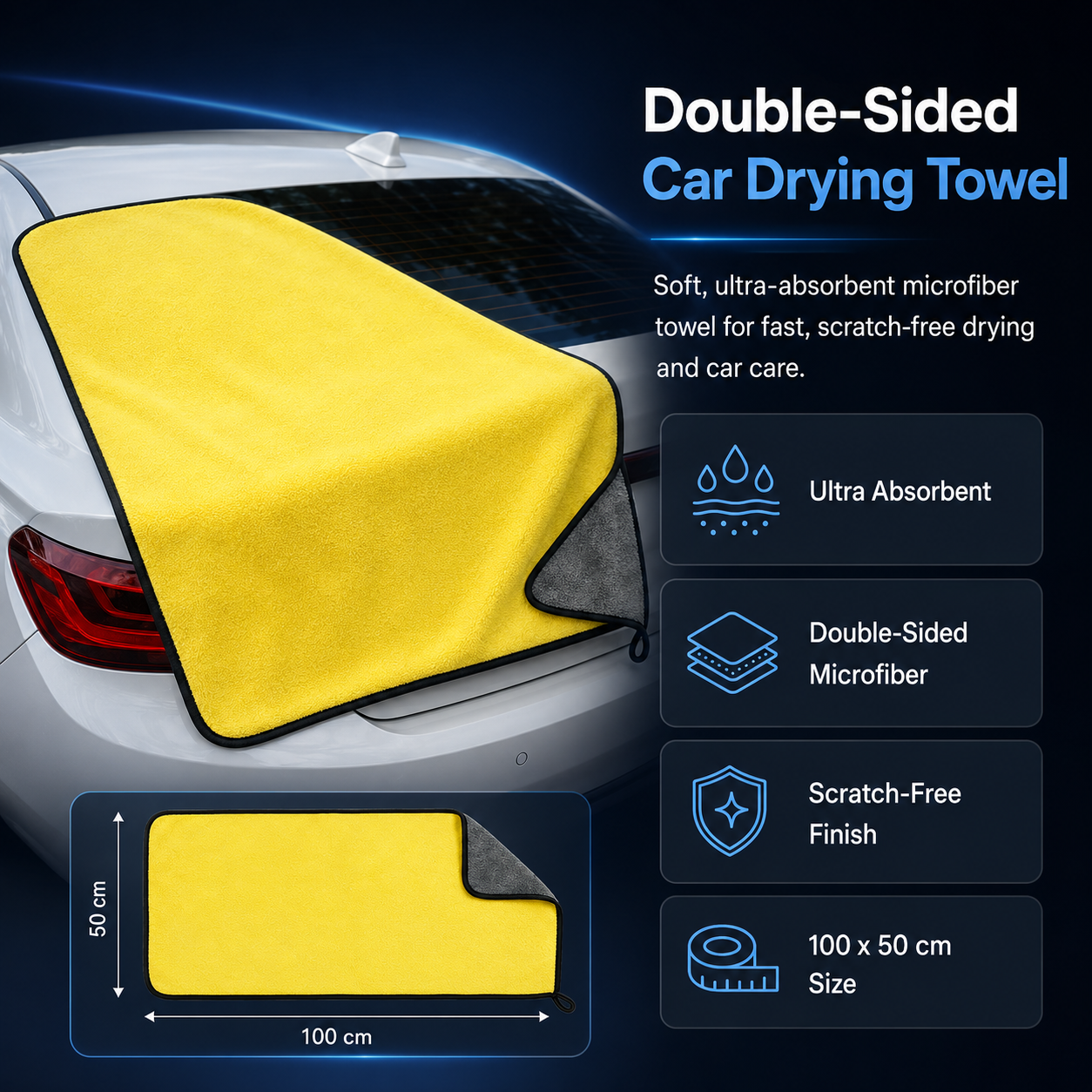 Double-Sided Microfiber Car Drying Towel – Ultra Absorbent Wash & Detailing Cloth