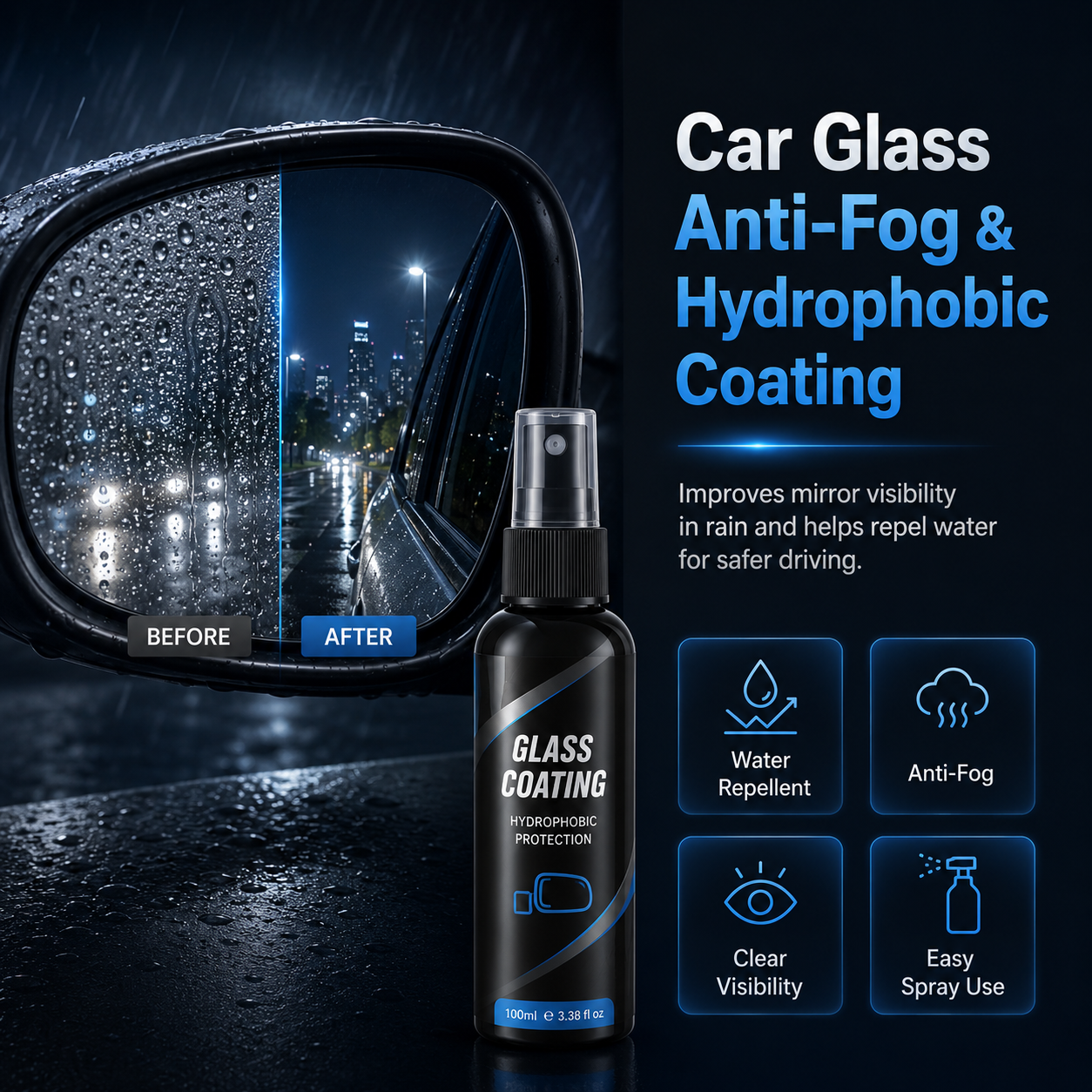 Car Glass Anti-Fog & Hydrophobic Coating Spray – Water Repellent Mirror Treatment