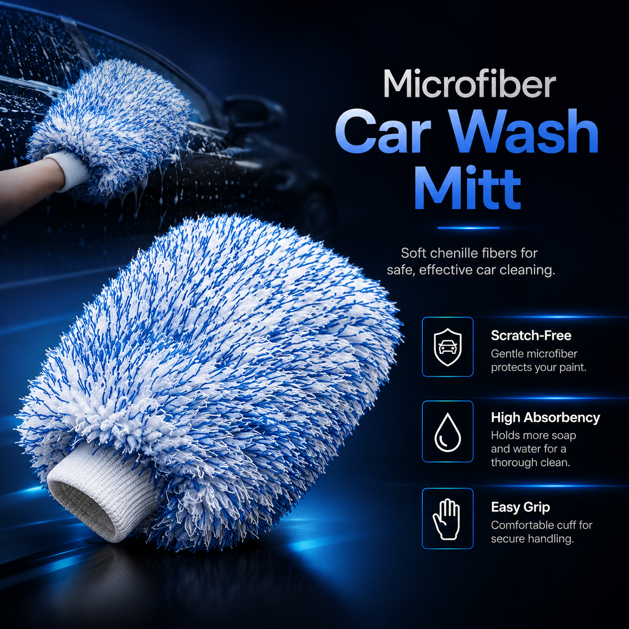Microfiber Car Wash Mitt – Soft Chenille Scratch-Free Cleaning Glove
