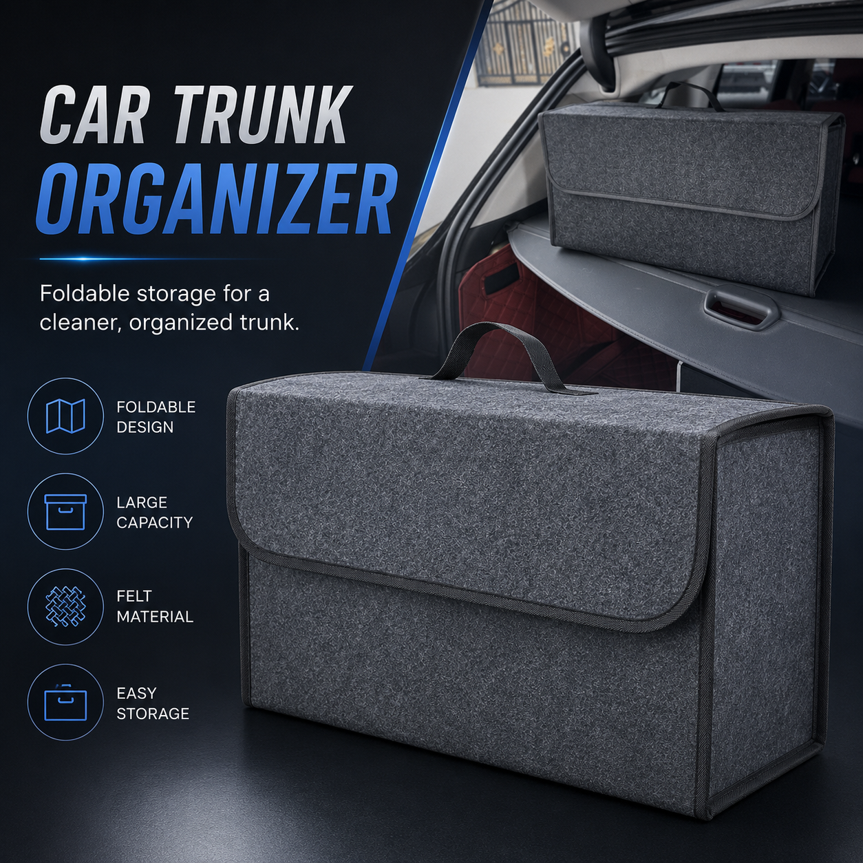 Foldable Felt Car Trunk Organizer – Large Capacity Storage Box