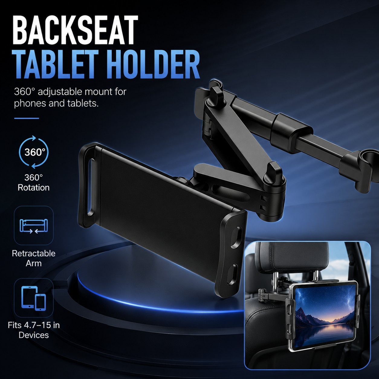 Backseat Tablet & Phone Holder – 360° Adjustable Headrest Mount