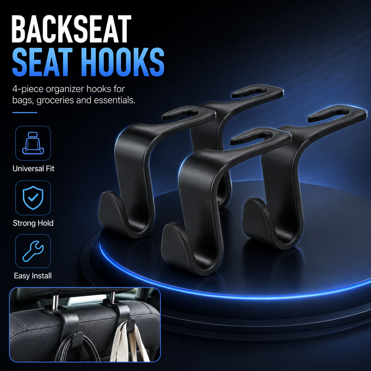 Car Seat Back Hooks – Universal Headrest Organizer Clips