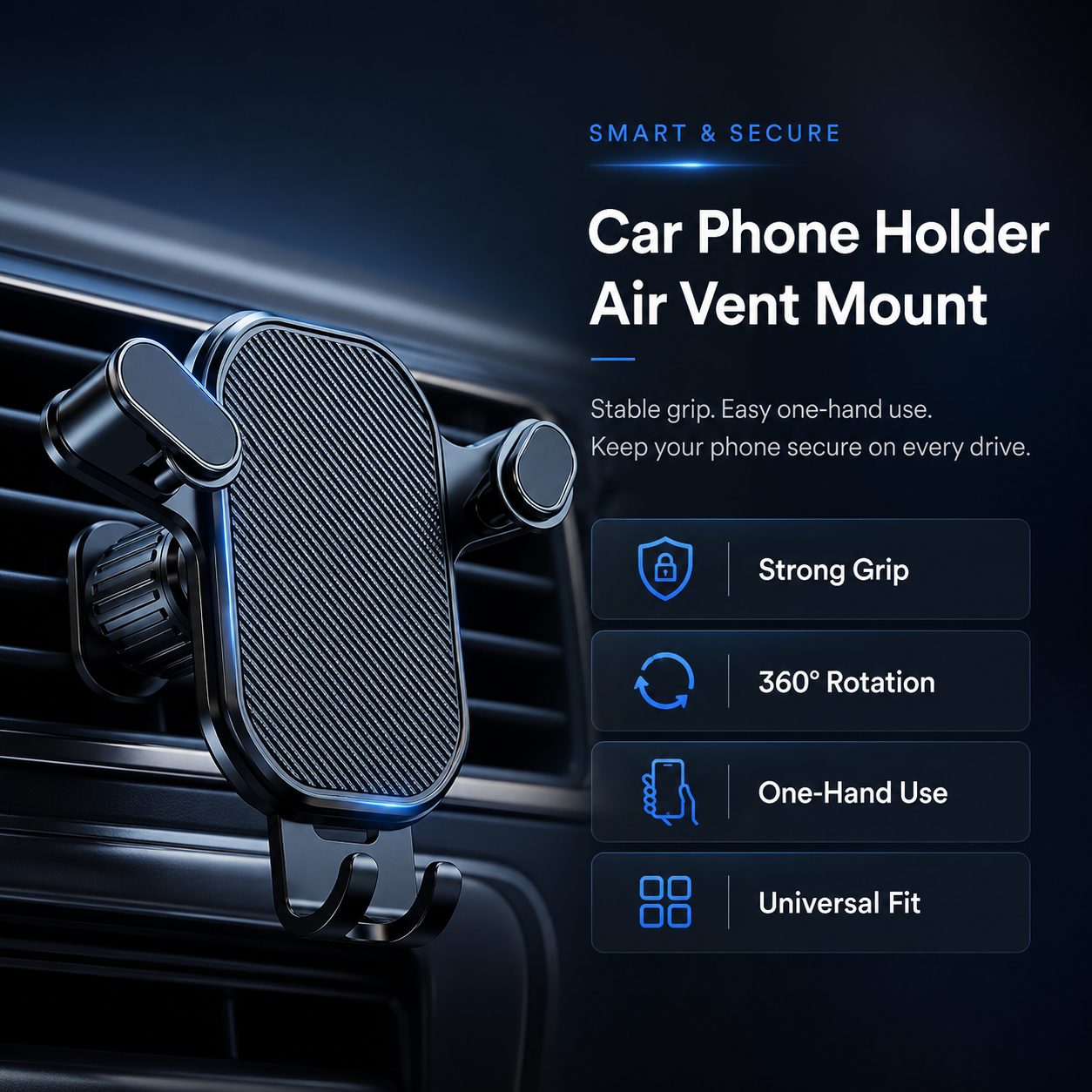 Car Phone Holder Air Vent Mount – 360° Adjustable Strong Grip Phone Stand